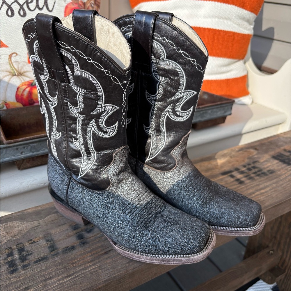 WOMENS JB DILLON COWBOY CALF HAIR PRINT  SQ TOE BLACK BOOTS SIZE 6B